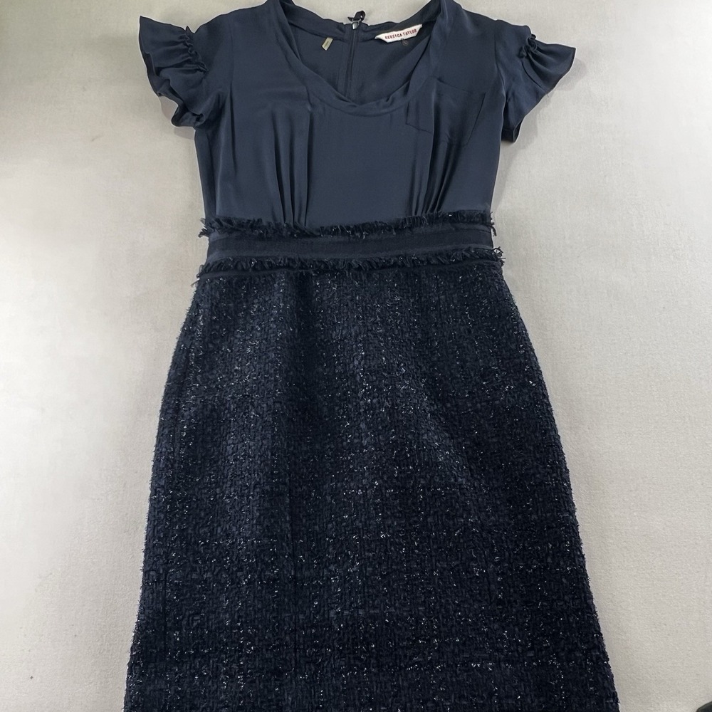 Rebecca Taylor Navy Blue Mixed Media Tweed Sheath Dress Ruffle Sleeve Size 2